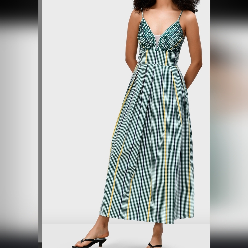 Zapelle Green and White Gingham Patern Maxi Dress NWOT